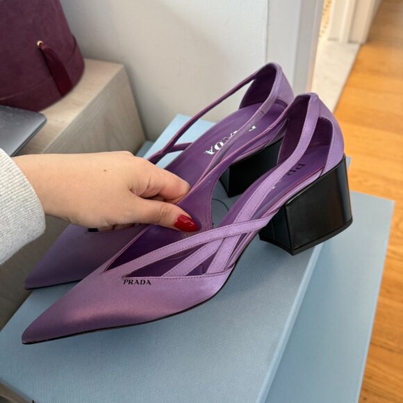 NWT Prada Pointed Toe Pumps Purple Satin Cut-out Sides Block Heels Sz 39 - Picture 5 of 7